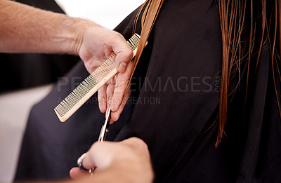 Buy stock photo Beauty, person or hands with cutting in hairdresser for hairstyle makeover, aesthetic change or damage repair. Hair care, trim and client with comb in salon for grooming appointment in small business