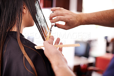 Buy stock photo Beauty, woman and hands with scissors in hairdresser for hairstyle makeover, aesthetic change and hair dye damage. Client, comb and trim split ends in salon for grooming appointment in small business