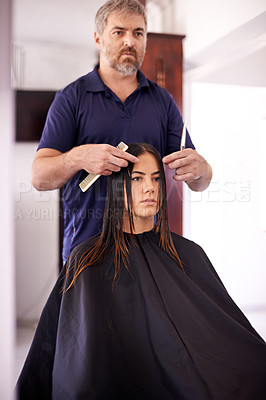 Buy stock photo Hair care, male hairdresser or woman in salon for scalp wellness, healthy head or cleaning treatment. Appointment, stylist or grooming service for client, girl or shampoo cosmetics for beauty in spa