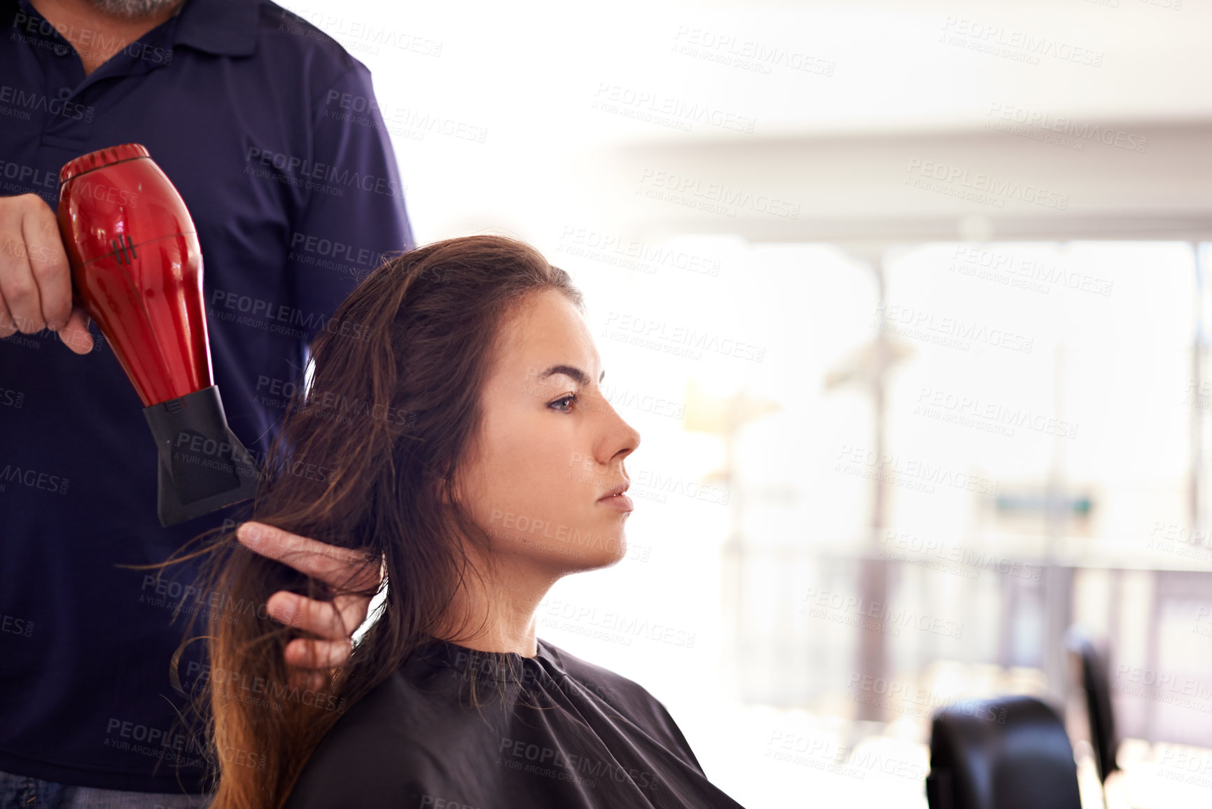 Buy stock photo Woman, salon and stylist for hair dryer, cosmetic service and electric tool for heat treatment. Female person, client and appointment for hairstyle beauty, haircare and grooming for transformation