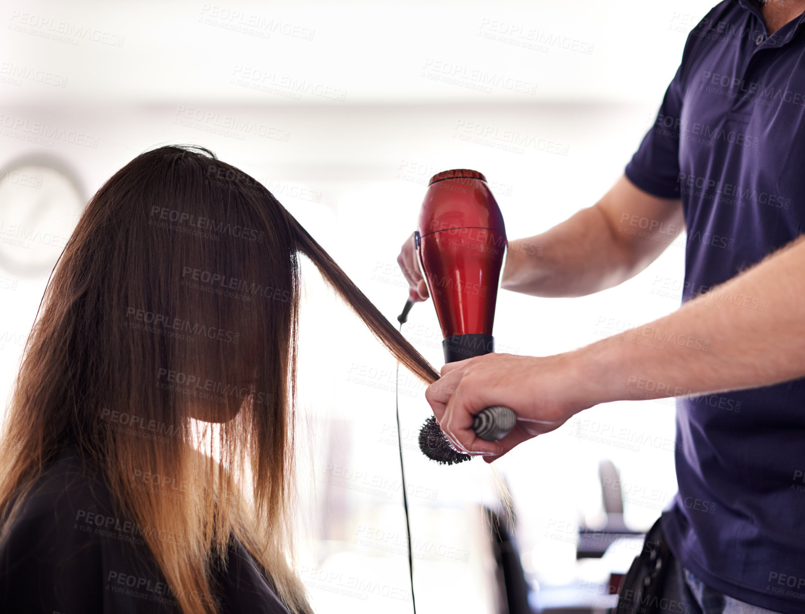 Buy stock photo Hair care, dryer and hairdresser with woman in salon for volume, protein and deep conditioning treatment. Cosmetic, equipment and stylist with female client for blow out hairstyle in beauty parlor.