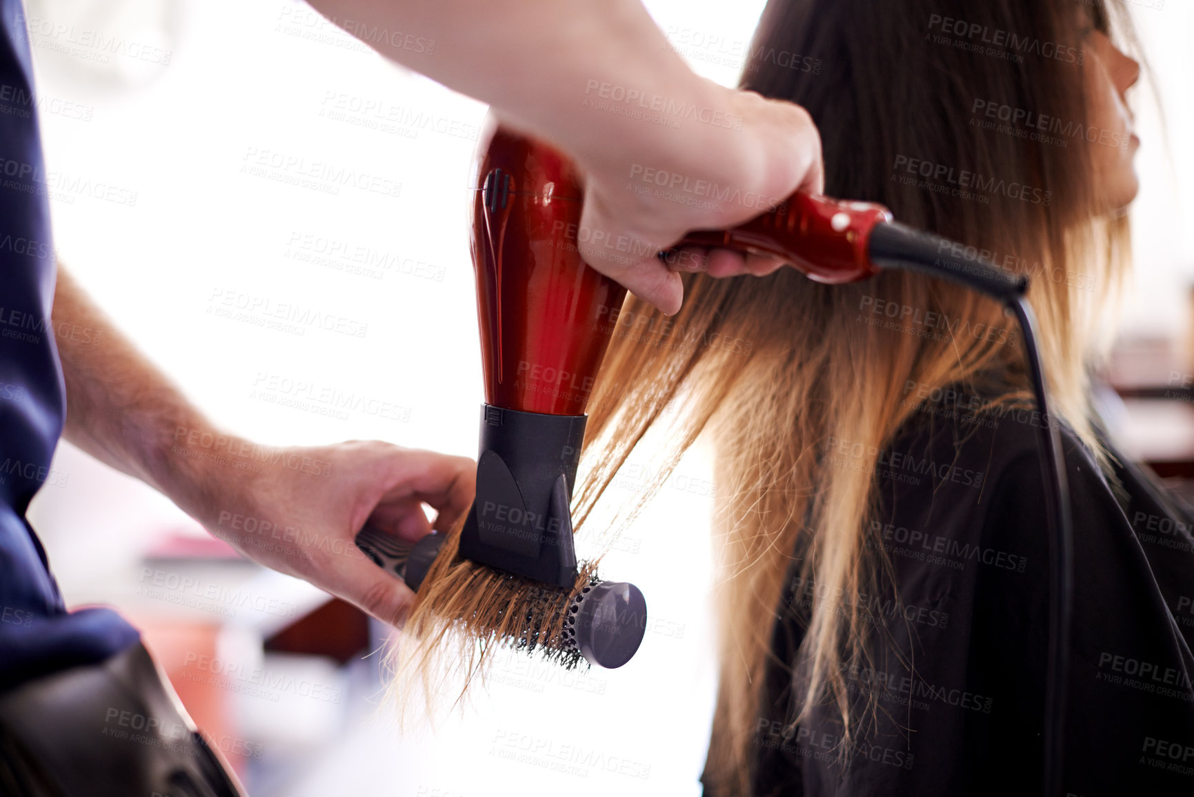 Buy stock photo Beauty, woman and hands with hairdryer in salon for hairstyle change, hair makeover and smooth texture. Cosmetics, client and heat appliance for haircare and grooming appointment in small business