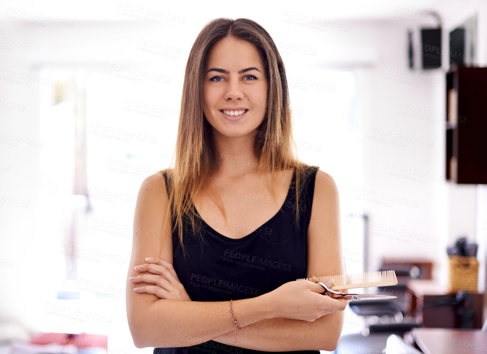 Buy stock photo Beauty salon, portrait and hairdresser with scissors for haircut, grooming or routine maintenance. Small business, comb and beautician with tools for luxury treatment, customer service or stylist