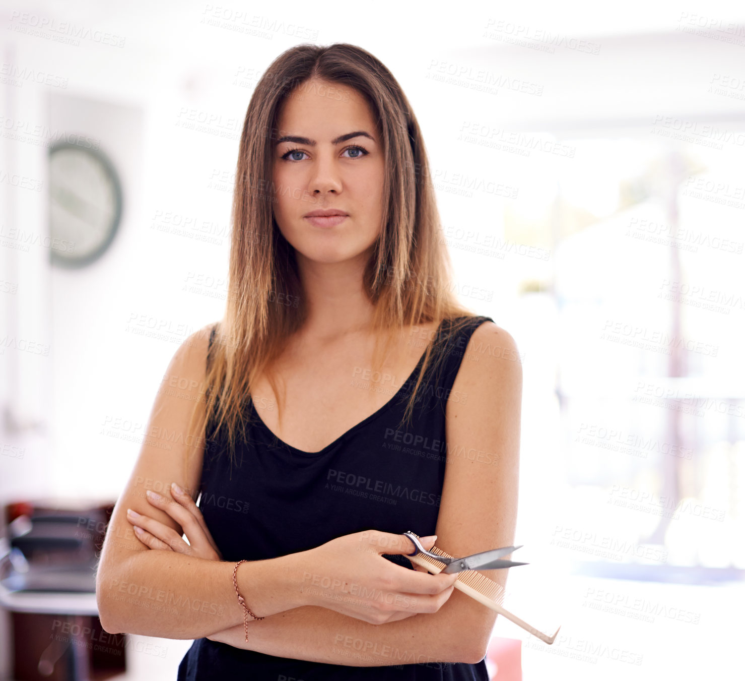 Buy stock photo Salon, hairdresser and portrait of woman with scissors for haircut, grooming or routine maintenance. Small business, comb and person with tools for luxury treatment, customer service or stylist