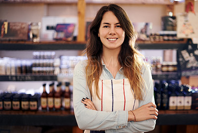 Buy stock photo Portrait, confident owner and happy woman in cafe, small business or welcome in hospitality industry. Barista, coffee shop or entrepreneur in startup franchise with arms folded for pride at pub in UK