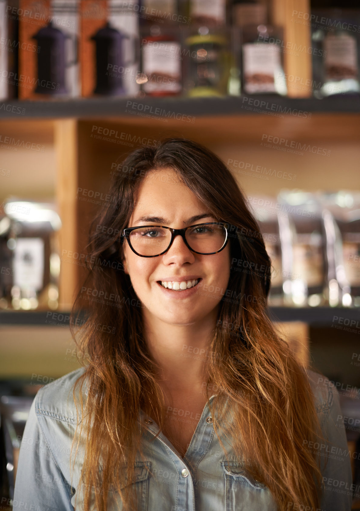 Buy stock photo Portrait, barista and happy woman with glasses in cafe, small business and welcome in hospitality industry. Owner, face and entrepreneur in coffee shop, startup and franchise for service in Spain