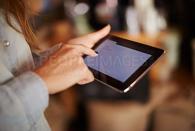 Buy stock photo Hands, screen and tablet with store manager in boutique for inventory, online order or stock. Business, management and technology with shop owner closeup in retailer for sale checklist on app