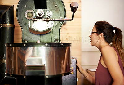 Buy stock photo Caffeine, coffee machine and service with barista woman in kitchen of cafe for brewing or hospitality. Equipment, process and roast with waitress in restaurant for retail sale of fresh beverage