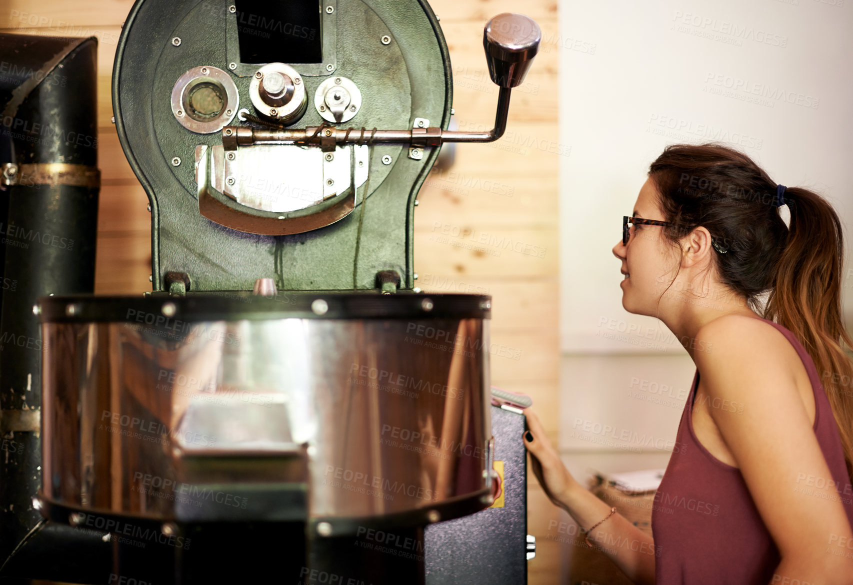 Buy stock photo Caffeine, coffee machine and service with barista woman in kitchen of cafe for brewing or hospitality. Equipment, process and roast with waitress in restaurant for retail sale of fresh beverage