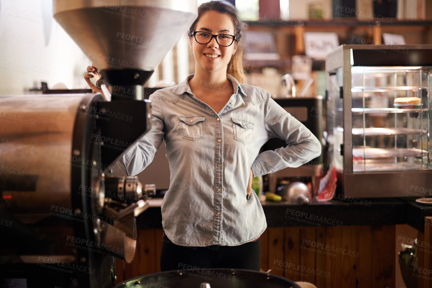 Buy stock photo Coffee machine, portrait and smile with barista woman in kitchen of cafe for brewing or hospitality. Equipment, roast and service with happy waitress in restaurant for sale of fresh beverage
