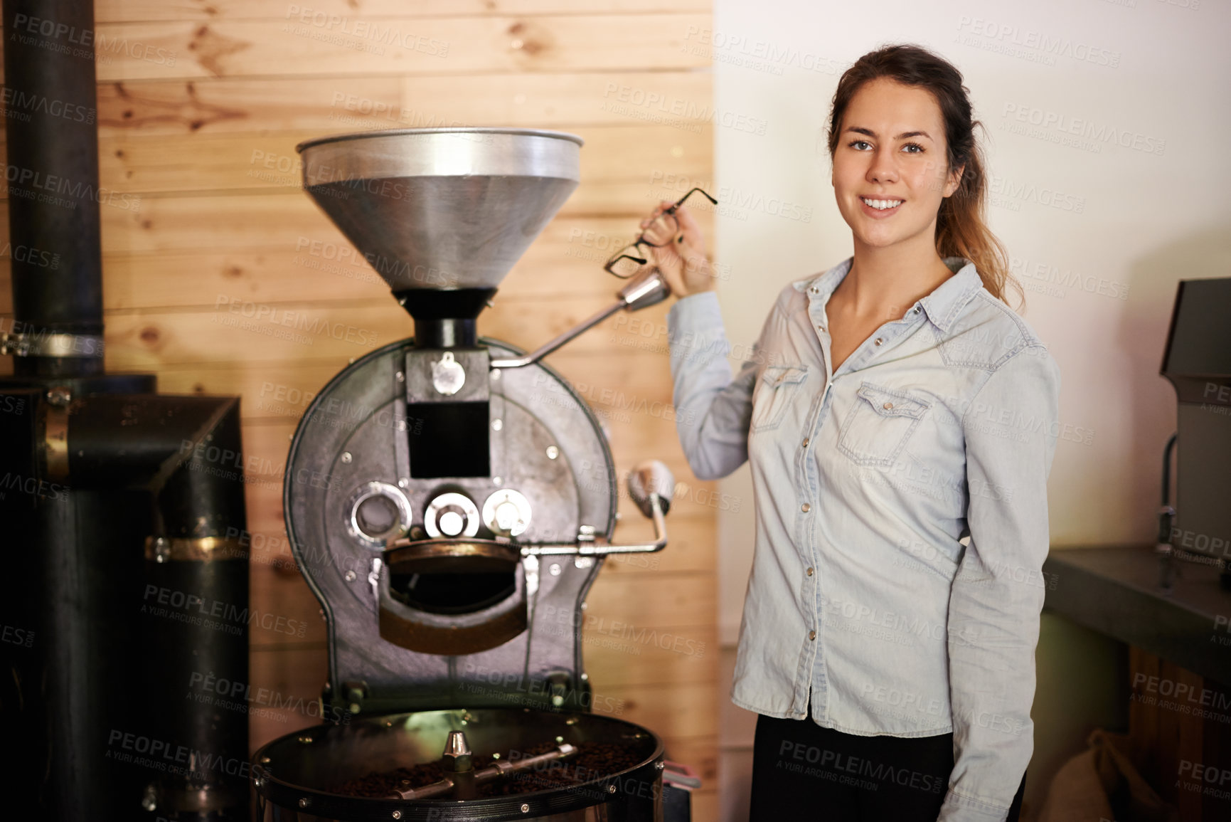 Buy stock photo Coffee machine, roast and portrait with happy barista woman in kitchen of restaurant for brewing or hospitality. Caffeine, equipment and smile with waitress in cafe for retail sale of fresh beverage