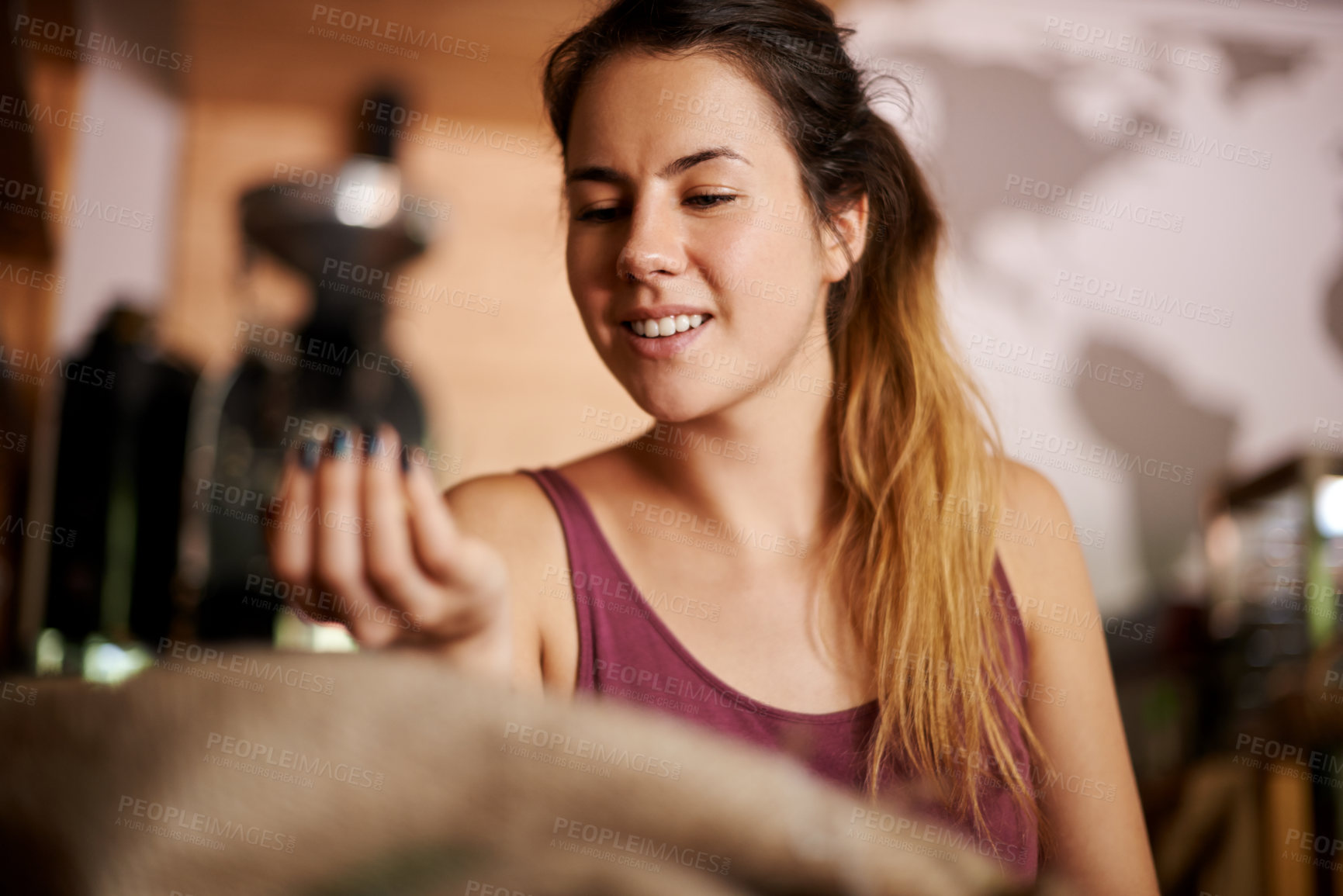 Buy stock photo Factory, smile and woman with coffee beans, bag and inspection of harvest, cafe and small business. Production, sustainability and barista with grains for caffeine, quality assurance and process