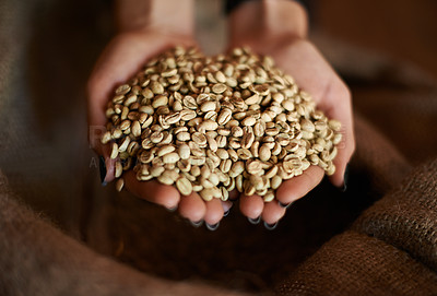 Buy stock photo Coffee beans, hands and pile with person closeup in cafe from above to brew fresh caffeine beverage. Natural, process and produce with barista in bistro or restaurant for hospitality and service