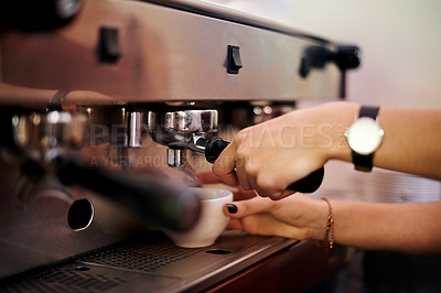Buy stock photo Barista, coffee machine and hands of person in cafe to brew drink for hospitality or service. Cup, froth and milk with waitress woman closeup in restaurant for preparation of cappuccino or latte