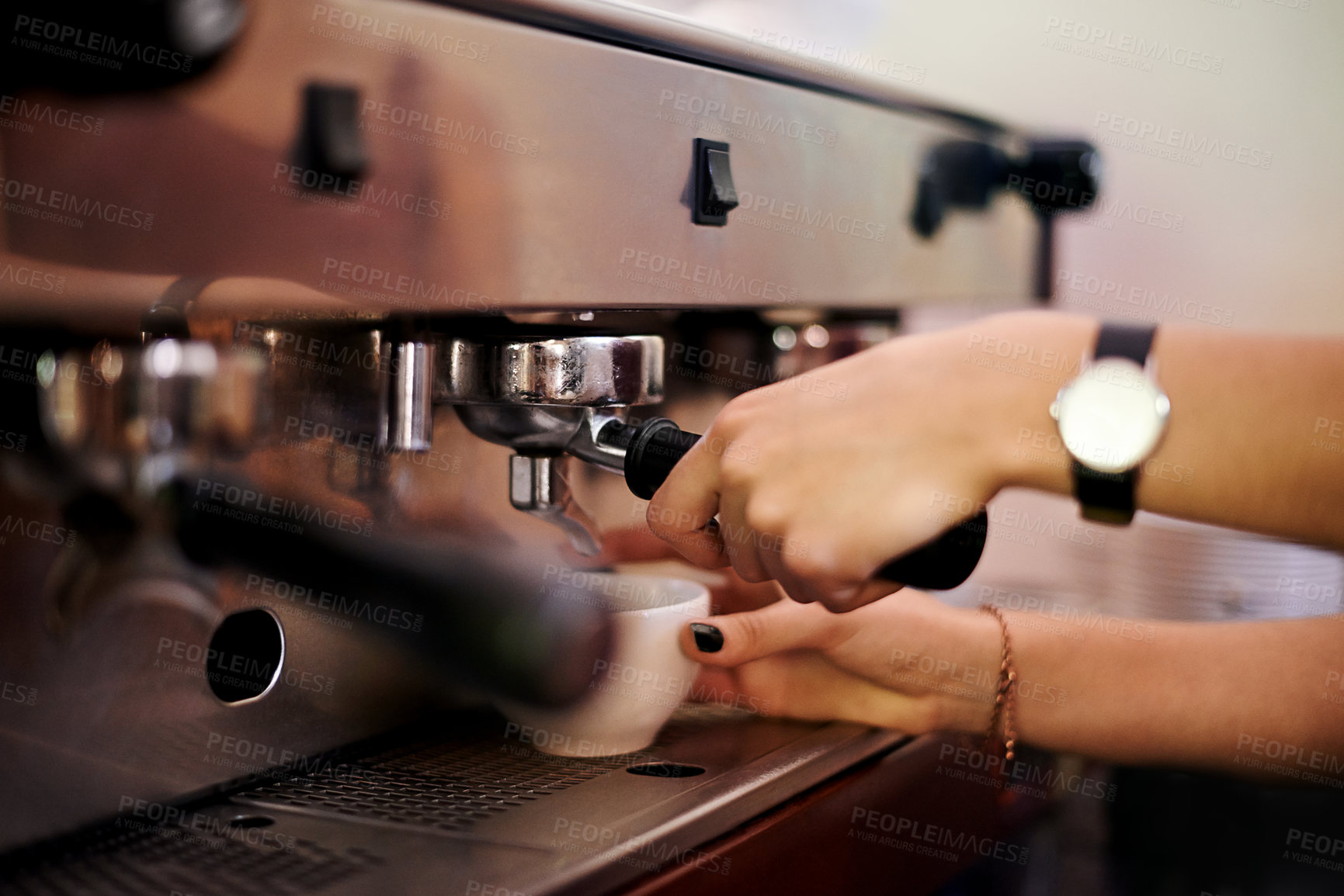 Buy stock photo Barista, coffee machine and hands of person in cafe to brew drink for hospitality or service. Cup, froth and milk with waitress woman closeup in restaurant for preparation of cappuccino or latte