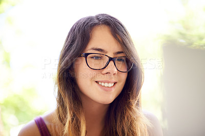 Buy stock photo University, reading and woman with laptop, elearning and assignment for education with online course. Happy, info and person with glasses for knowledge, student and smile for virtual class with app