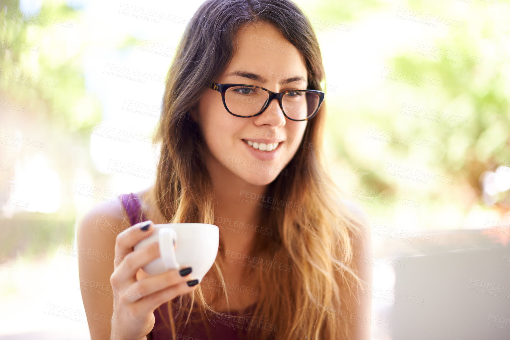 Buy stock photo Journalist, reading and cafe with smile, laptop and writing for blog or article. Woman, coffee shop and technology for remote work, check proposal and research for copywriting or freelance career