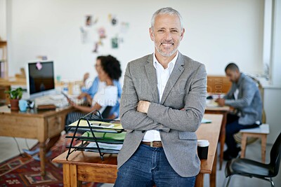 Buy stock photo Office, desk and portrait of businessman with arms crossed for management, work and pride in career. Happy, smile and mature male person at agency for administration job, ambition and confidence