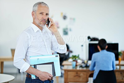 Buy stock photo Portrait, phone call and mature man in office with communication, files and contact at digital agency. Businessman, boss or manager with smartphone for business conversation, consulting or planning.