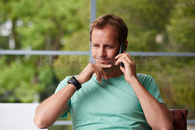 Buy stock photo Thinking, phone call and man in home with solution, communication and news on mobile conversation or break. Listening, chair or person with smile, connection and update with ideas for problem solving