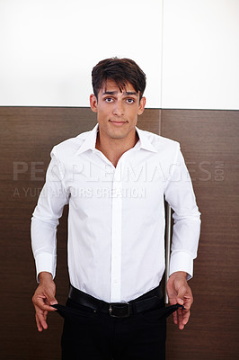 Buy stock photo Portrait, business and man with empty pockets, financial crisis and stock market crash. Face, person and accountant in office, recession and inflation with unemployment, bankruptcy or budget increase