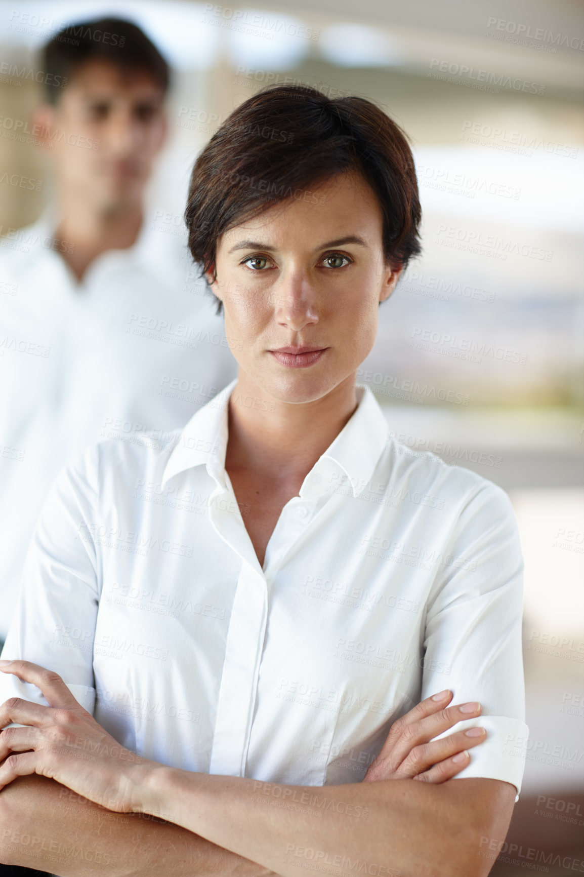 Buy stock photo Portrait, leader or serious businesswoman with arms crossed in office for career growth in company. Coworking, staff or face of hr manager in startup agency with confidence for mission in Germany