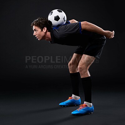 Buy stock photo Soccer, man and skill for fitness in studio for sports training with balance isolated on black background. Talent, freestyle and male athlete with control in soccer kit with exercise in Brazil.
