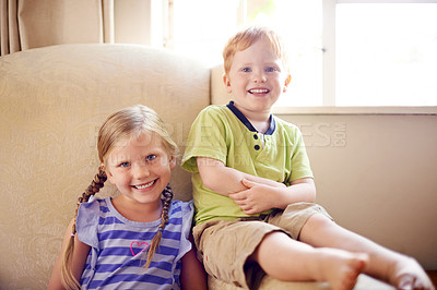 Buy stock photo Smile, relax and portrait of children in home for playing, bonding and sibling connection. Cute, sweet and face of kids chilling together in living room for school holiday or weekend break in house.
