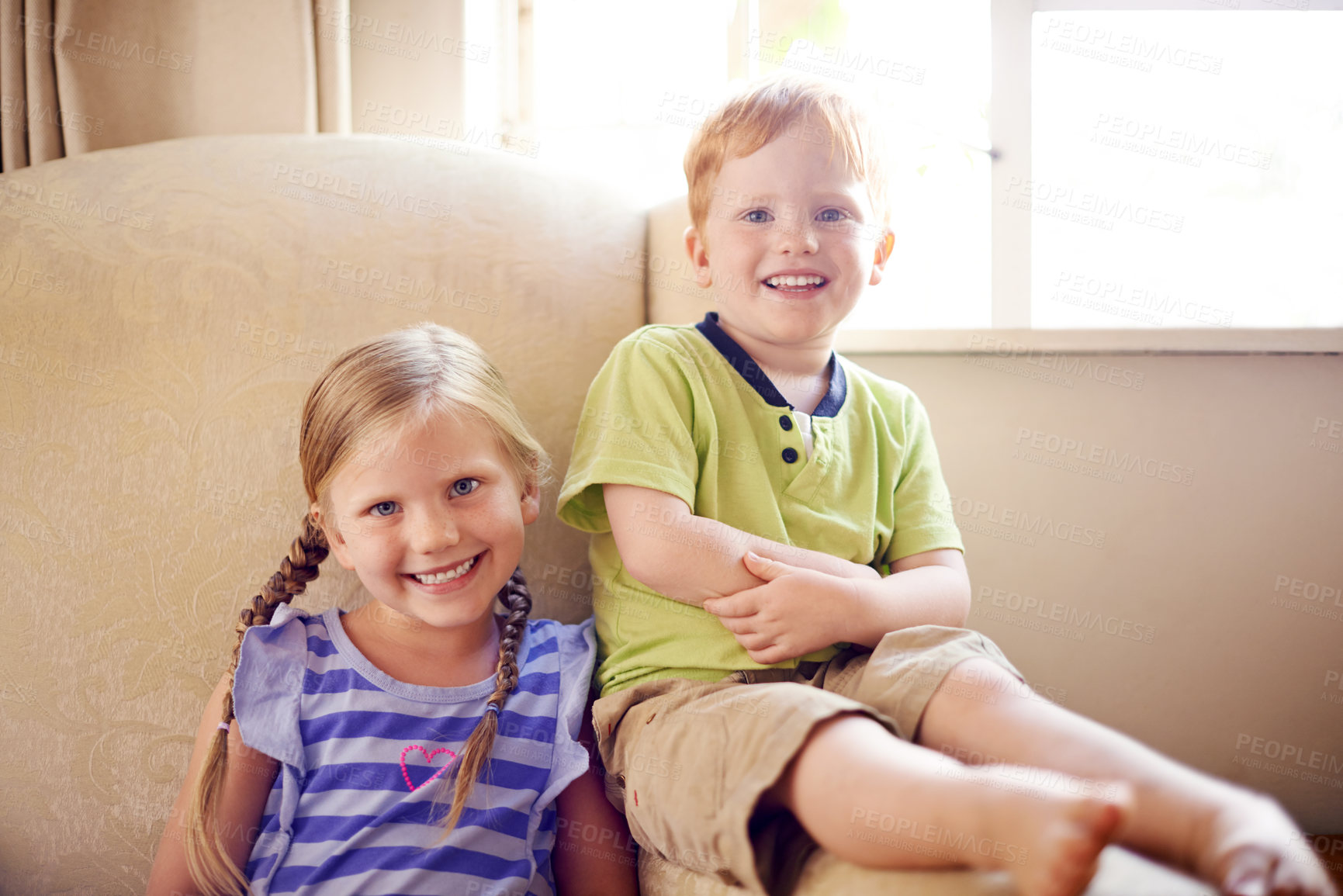 Buy stock photo Smile, relax and portrait of children in home for playing, bonding and sibling connection. Cute, sweet and face of kids chilling together in living room for school holiday or weekend break in house.