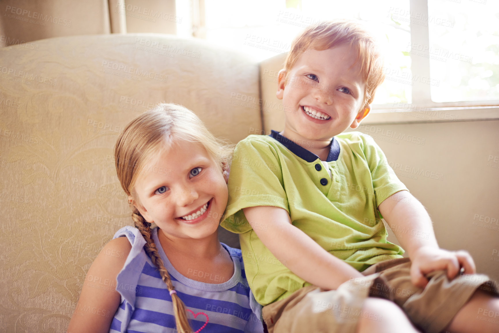 Buy stock photo Happy, fun and portrait of kids in home for playing, bonding and sibling connection. Cute, sweet and face of children chilling together in living room for school holiday or weekend break in house.