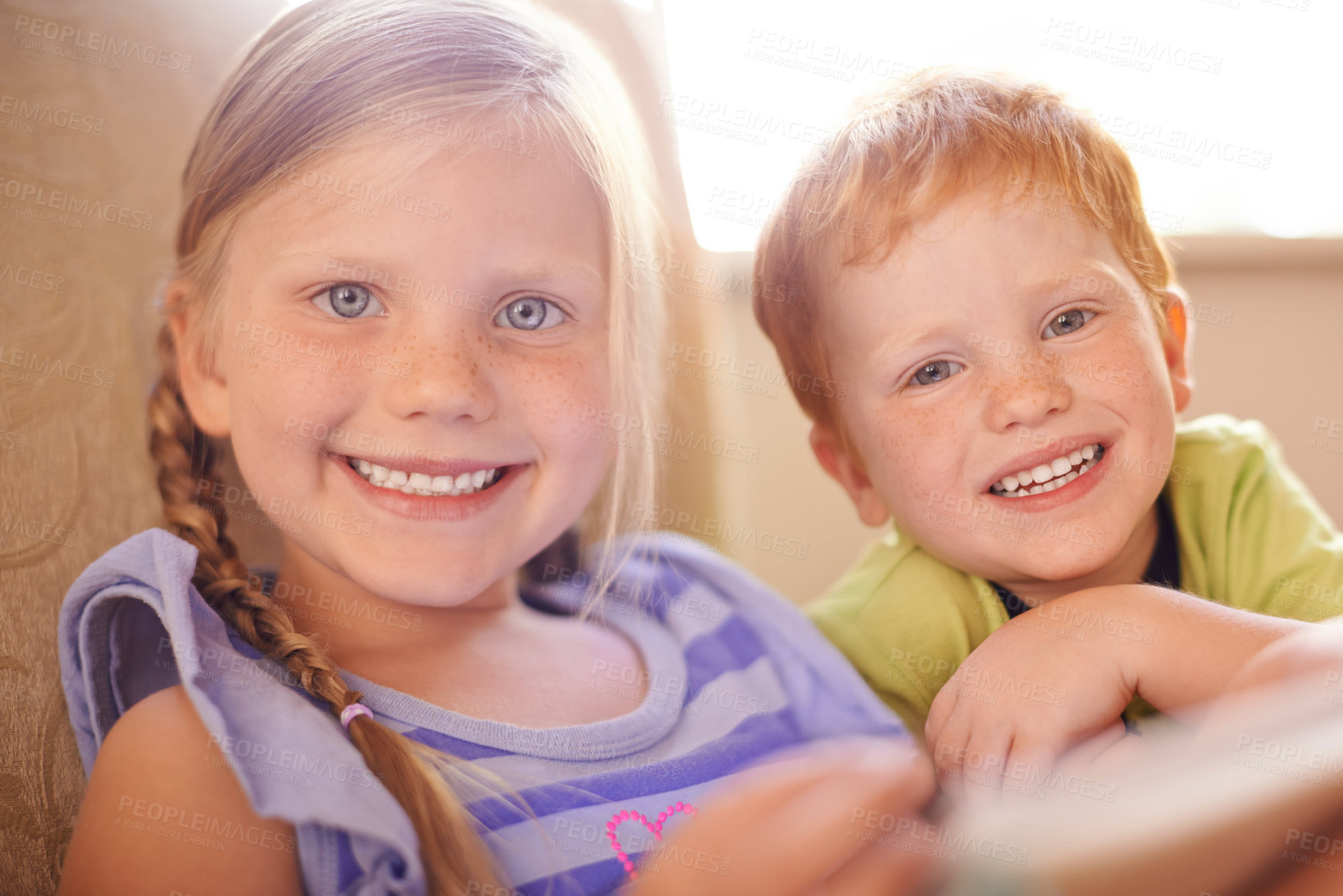 Buy stock photo Smile, relax and portrait of kids in home for playing, bonding and sibling connection. Cute, sweet and face of children chilling together in living room for school holiday or weekend break in house.