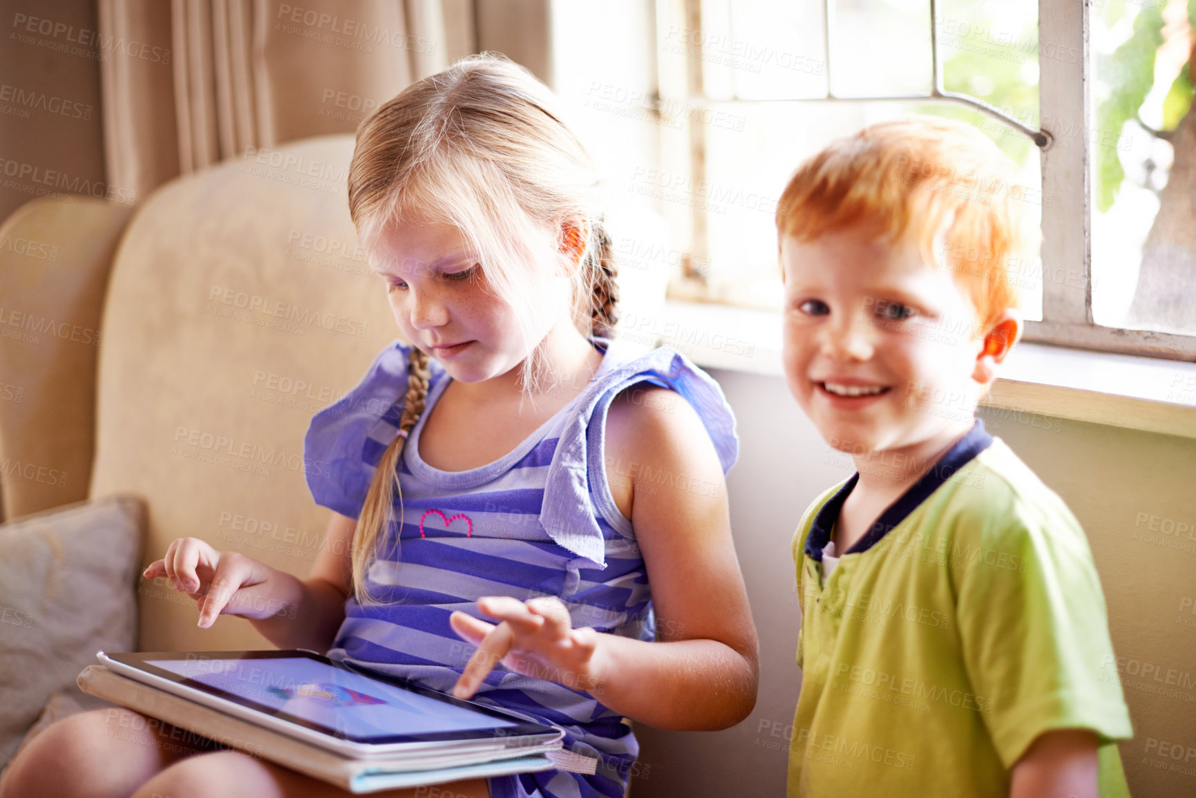 Buy stock photo Tablet, relax and portrait of children on sofa in home playing educational online game for learning together. Happy, siblings and kids on technology watching movie on streaming app in living room.