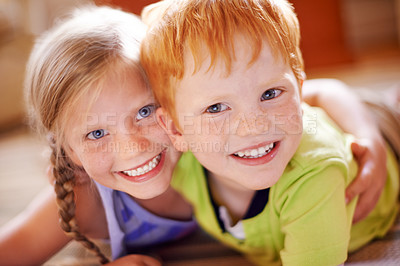 Buy stock photo Portrait, children and hug with love at house of sibling relationship, care and bonding together. Smile, kids and embrace for affection of family connection, comfort support and childhood development
