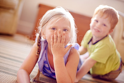 Buy stock photo Portrait, child and blow kiss at house with brother for sweet gesture, playful love and bonding together. Smile, kids and affection with family relationship, sibling connection and fun game in lounge