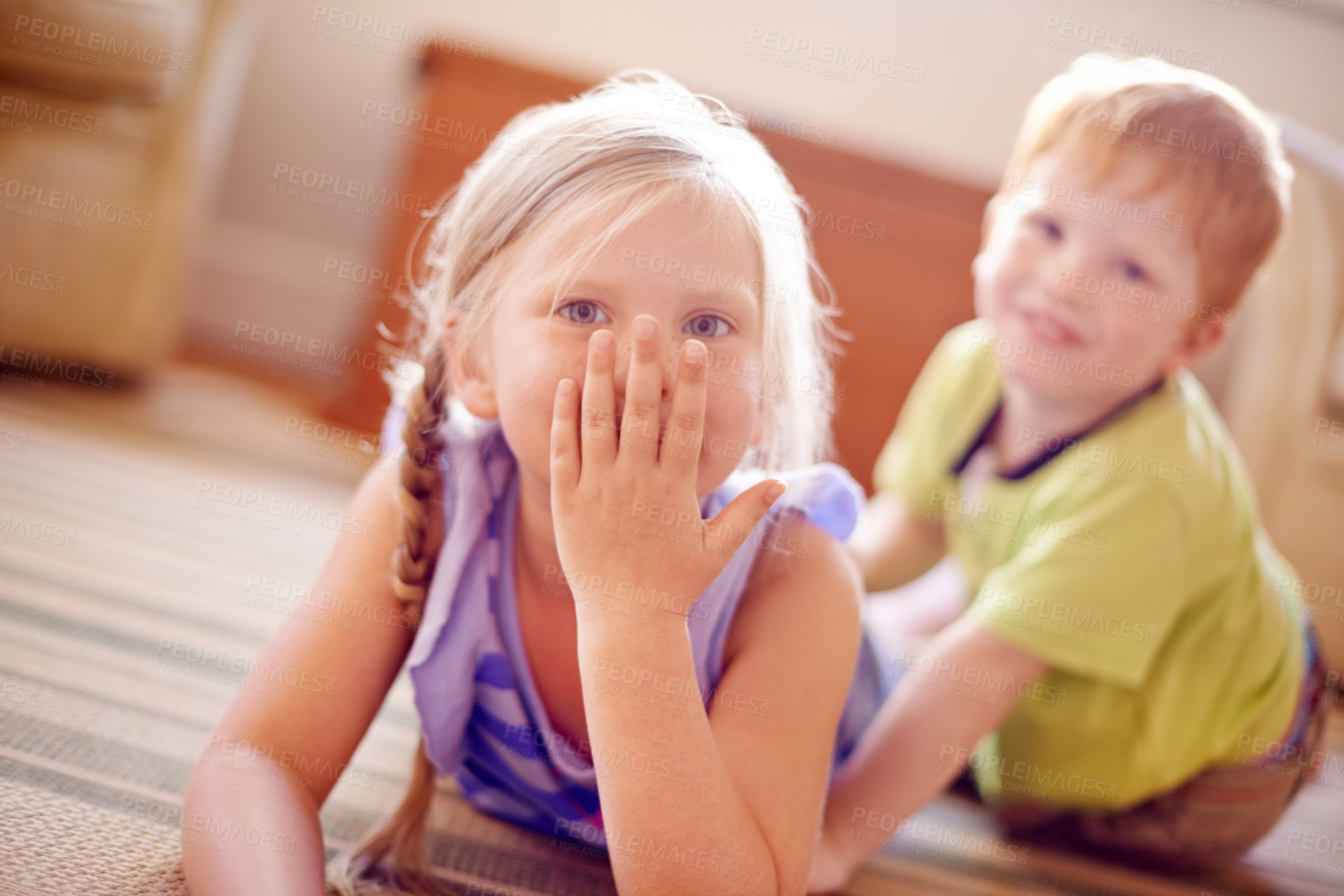 Buy stock photo Portrait, child and blow kiss at house with brother for sweet gesture, playful love and bonding together. Smile, kids and affection with family relationship, sibling connection and fun game in lounge