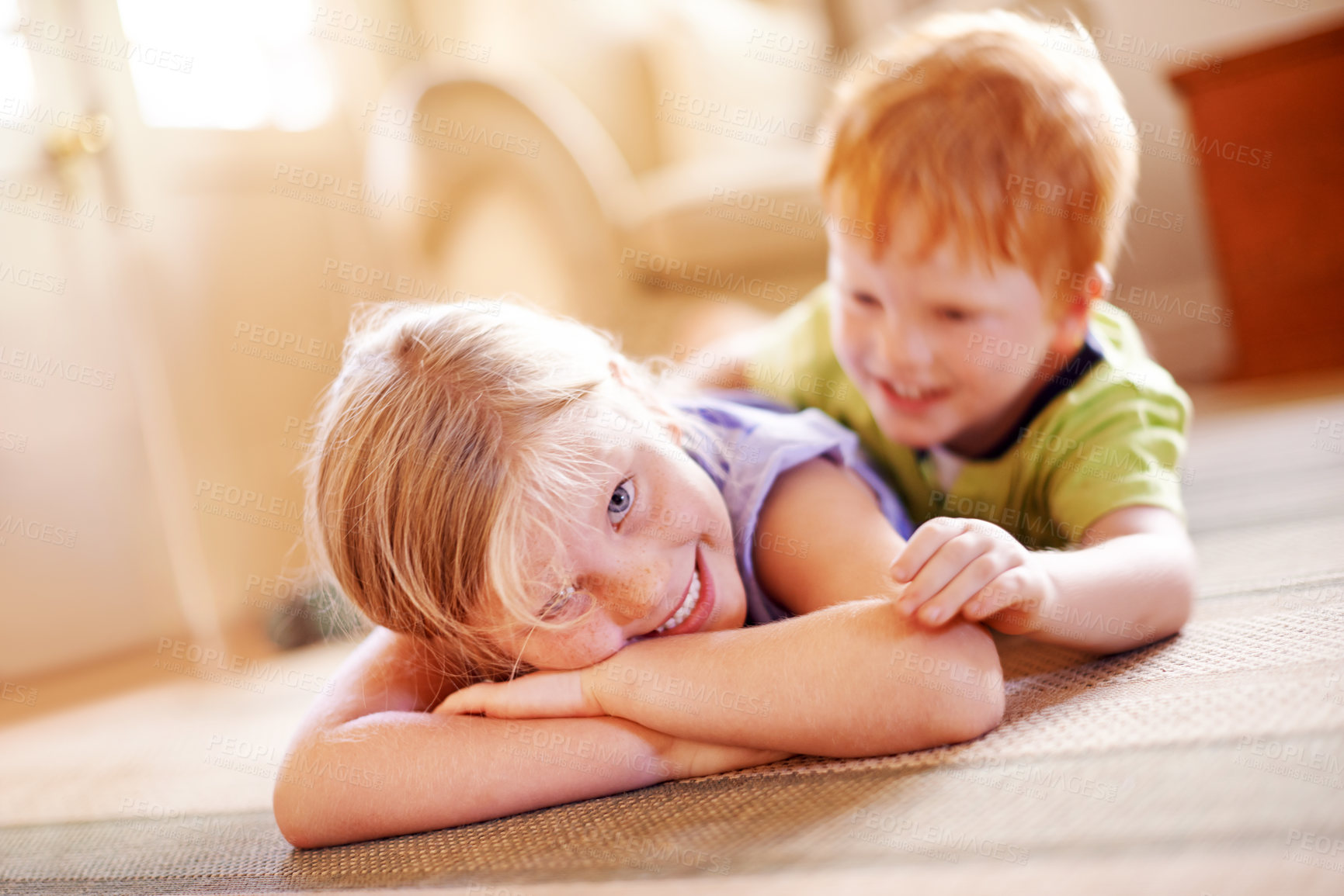 Buy stock photo Family, portrait and smile of children on floor of living room in home for bonding or playing. Development, growth or happy with boy and girl kids on carpet in apartment for fun or games as siblings