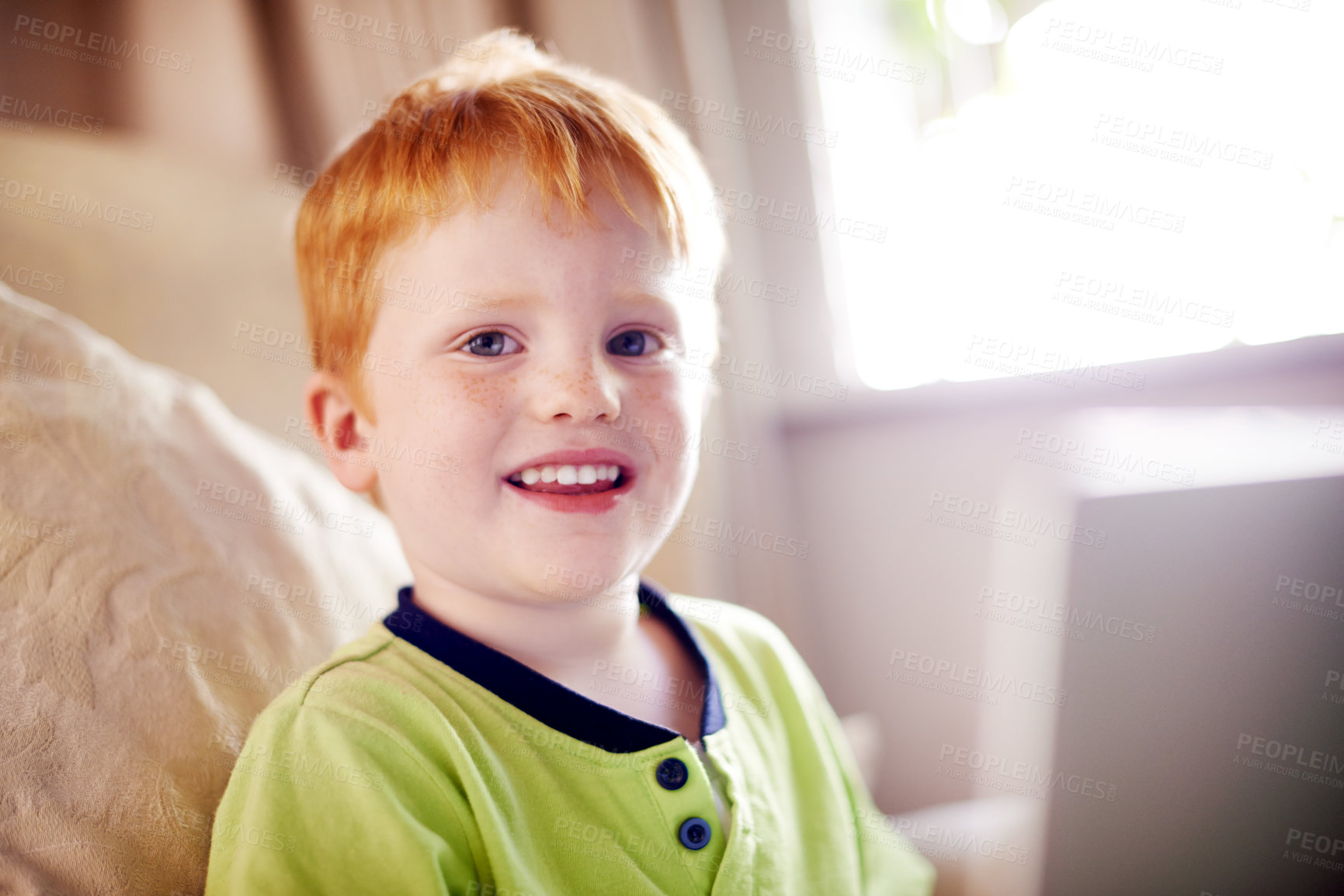 Buy stock photo Portrait, happy and child with laptop, home and elearning for education of boy, growth and development. House, studying and knowledge for kid with assignment, online and tech for digital literacy