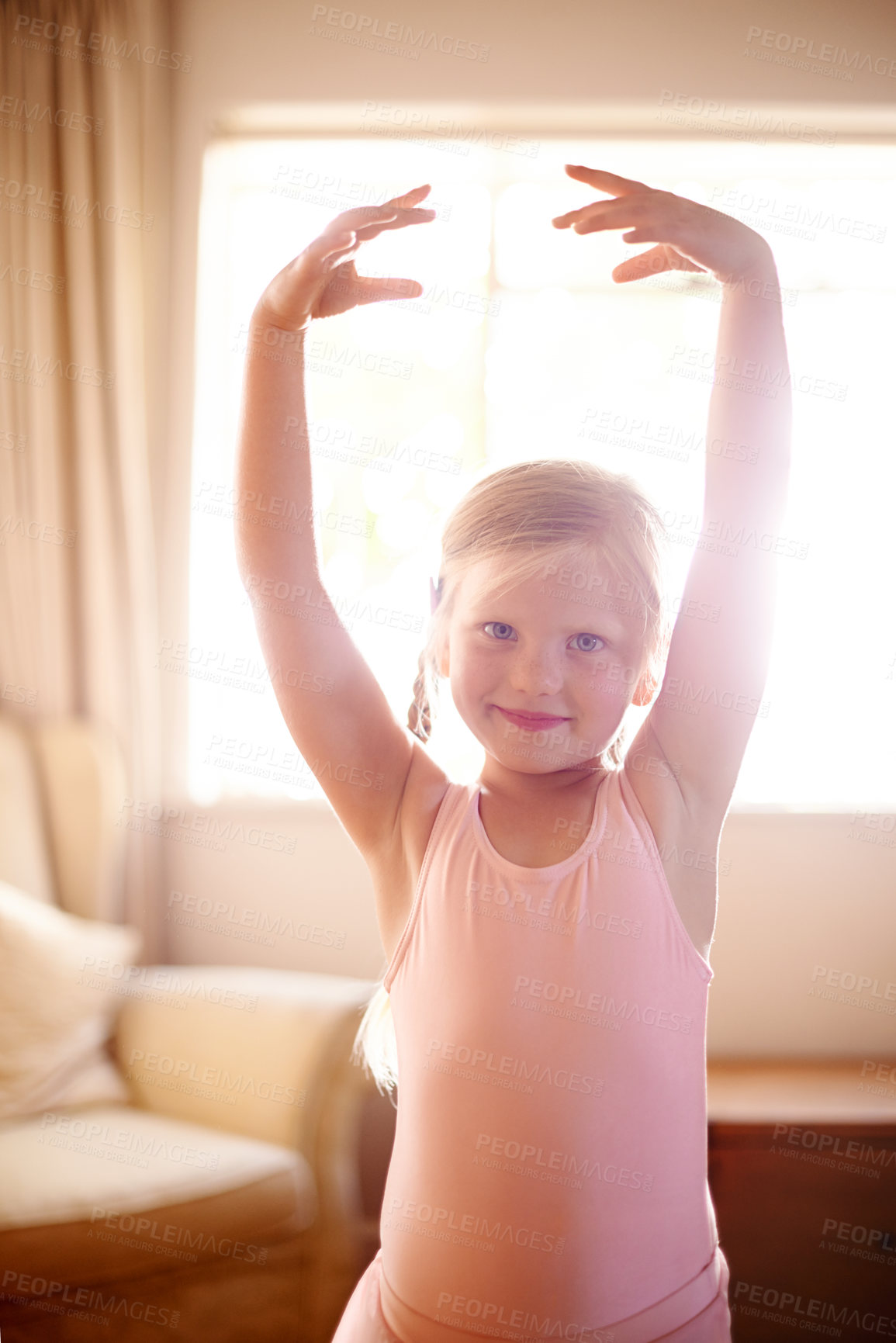 Buy stock photo Child, portrait and ballet tutu for dance, confidence and skill in living room for growth or fun in home. Girl, artist and smile with dancer, practice or development for creative in house lounge