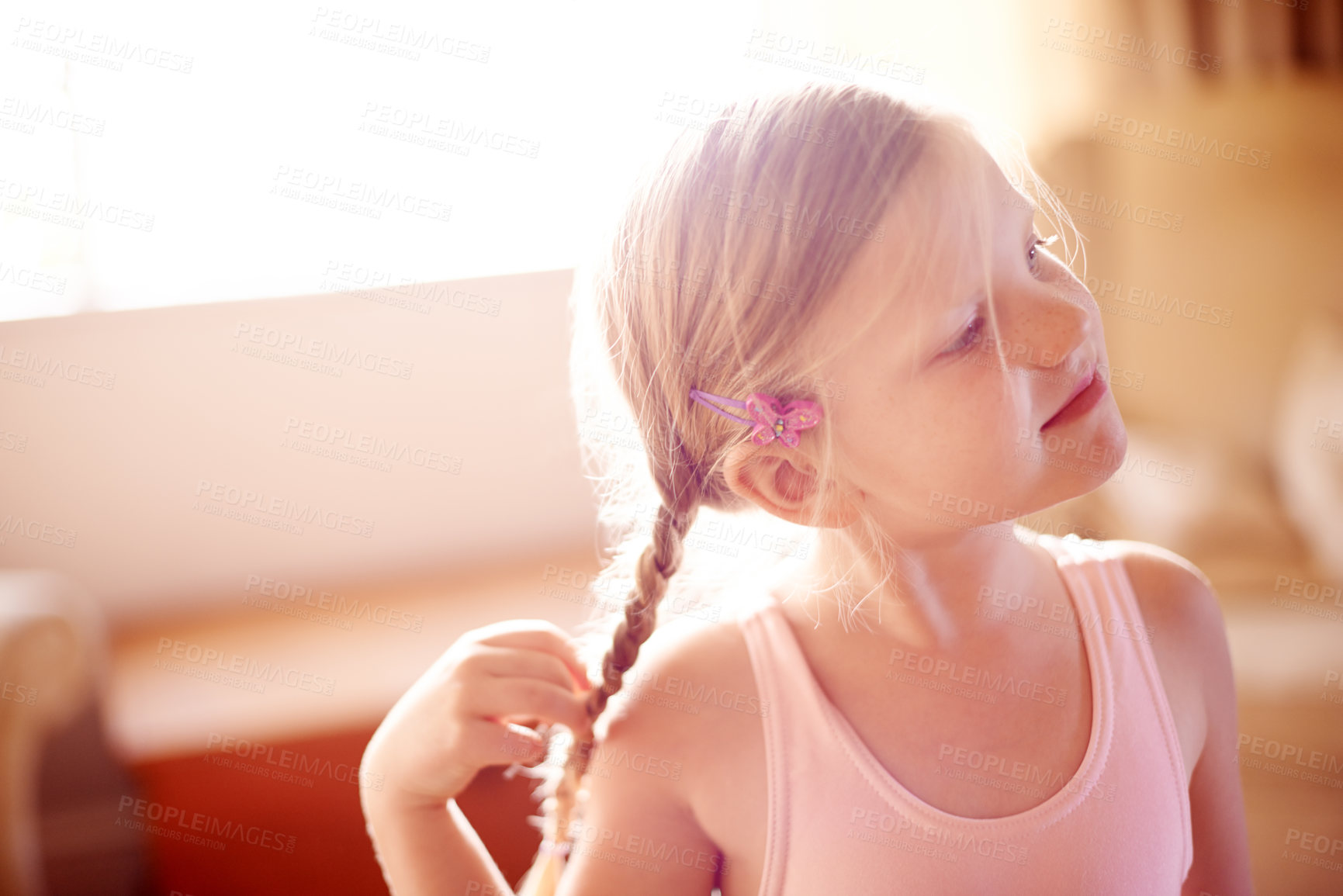 Buy stock photo Ballet, development and thinking with girl in living room of home for practice, recital or rehearsal. Dance, grace and growth with happy ballerina child in apartment for future, planning or vision