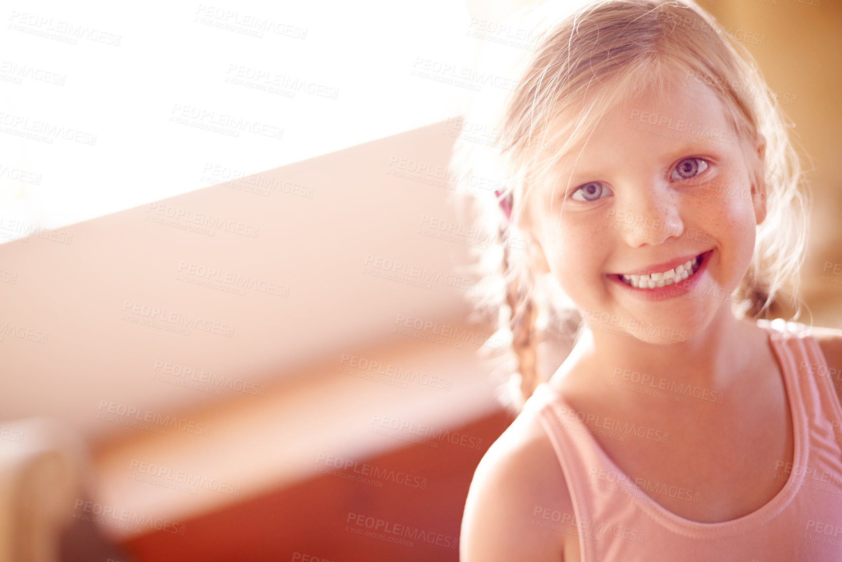 Buy stock photo Kid, smile and ballet for dance, confidence and skill in living room for growth or fun in home. Girl, happy play and portrait with dancer leotard, practice or development for creative in house lounge