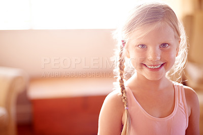 Buy stock photo Kid, smile and ballet leotard for mockup, confidence and skill in living room for growth or fun in home. Girl, space and portrait with dancer, practice or development for creative in house lounge