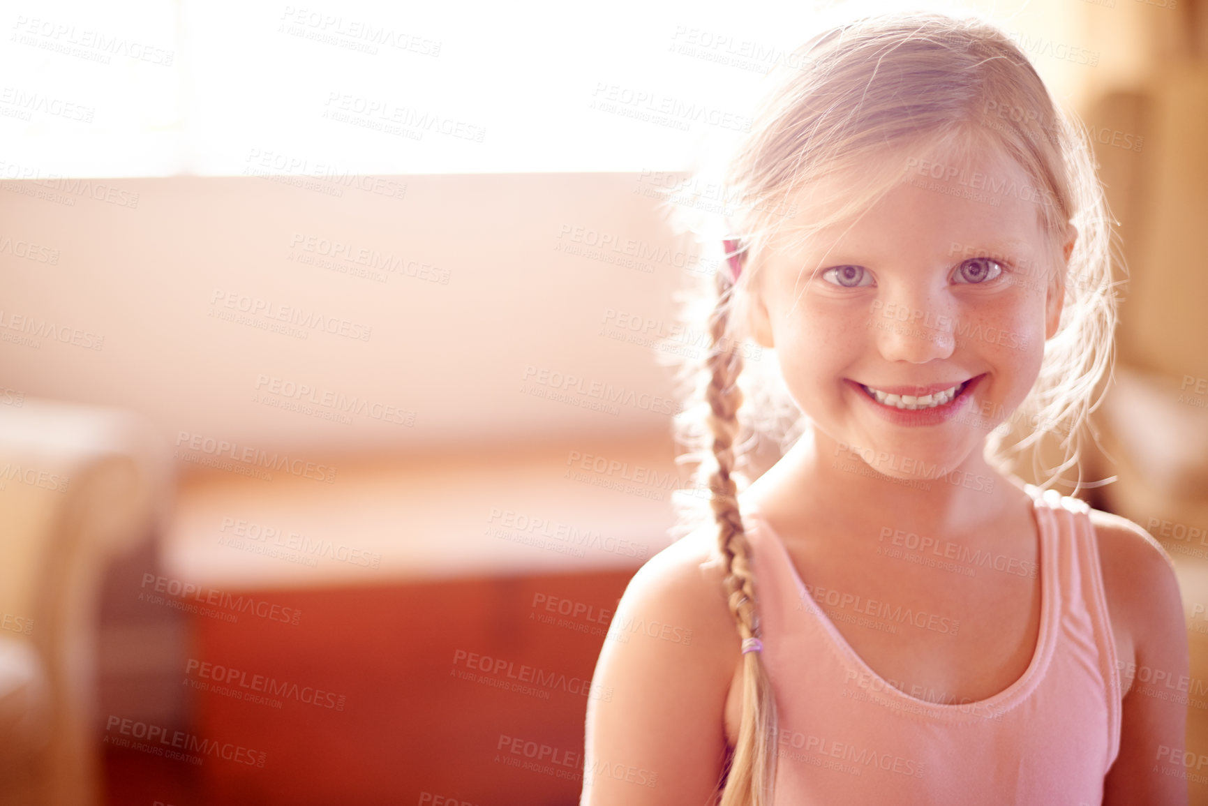 Buy stock photo Kid, smile and ballet leotard for mockup, confidence and skill in living room for growth or fun in home. Girl, space and portrait with dancer, practice or development for creative in house lounge