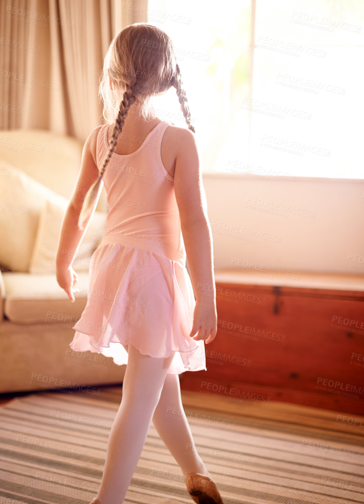 Buy stock photo House, ballet and girl with training, dancing and growth with pink tutu, energy and practice. Apartment, ballerina or kid with costume, routine for performance or creativity with movement or learning