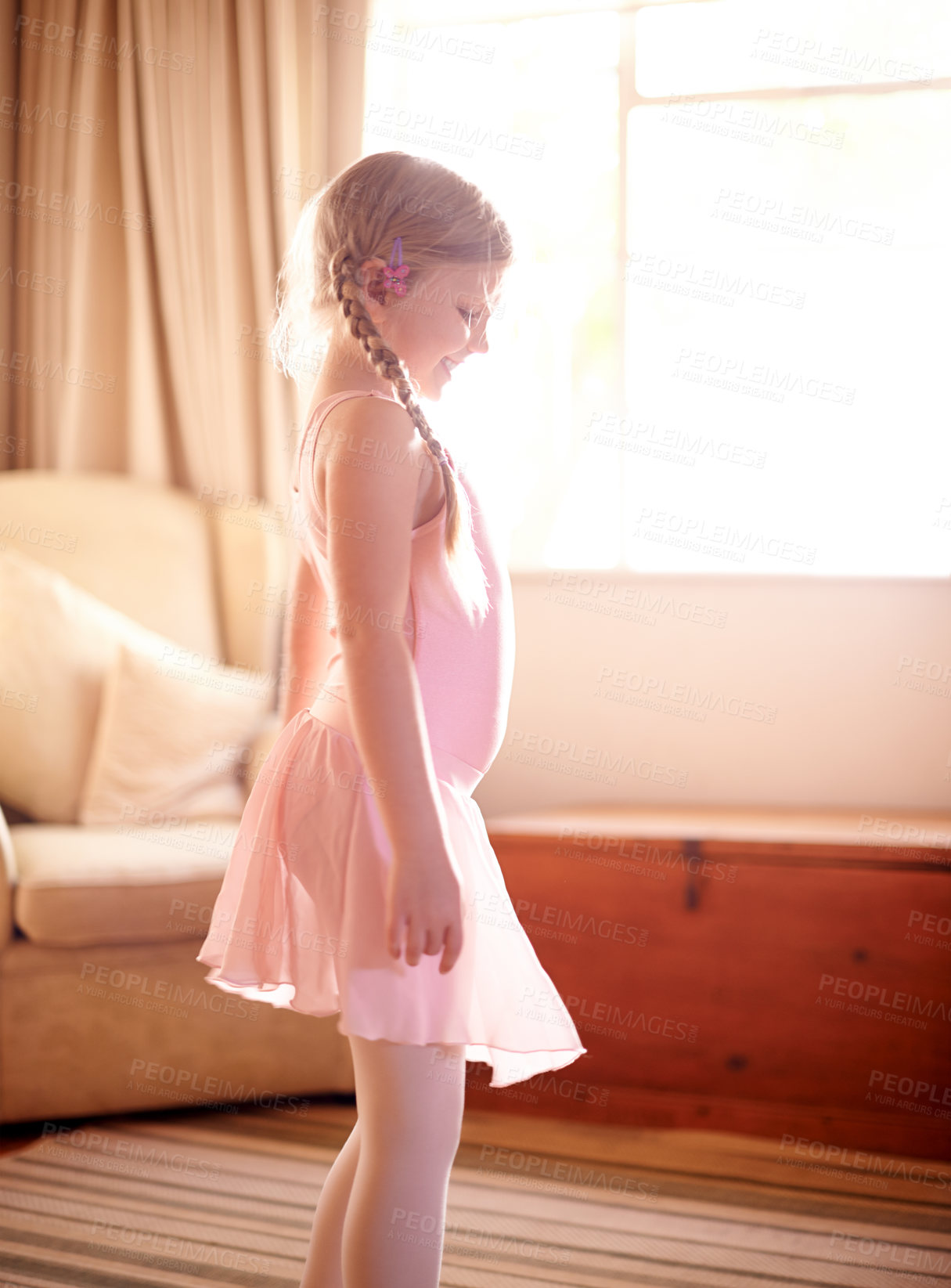 Buy stock photo House, ballet and girl with routine, dancing and growth with pink tutu, learning and energy. Apartment, ballerina or kid with costume, training for performance or creativity with movement or practice