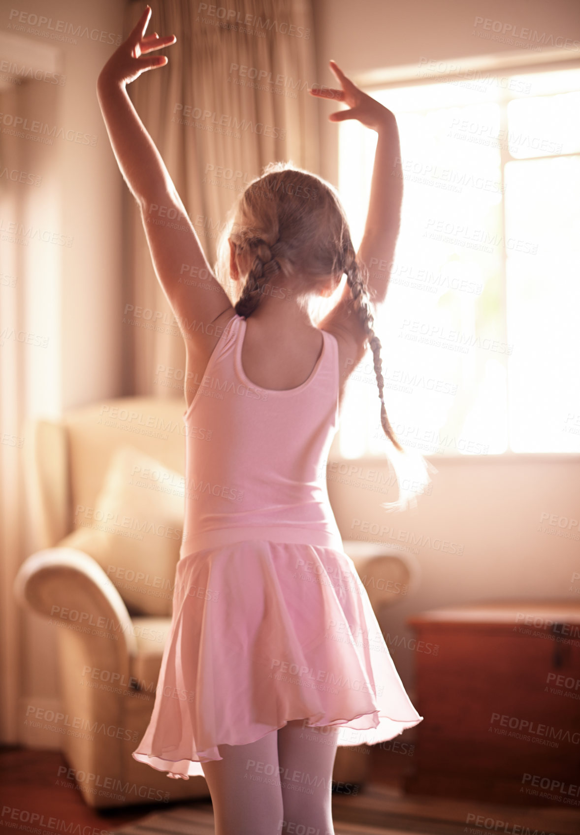 Buy stock photo House, ballet and girl with energy, back and growth with pink tutu, movement and practice. Learning, ballerina or kid with costume, training for performance or creativity with routine and dancing