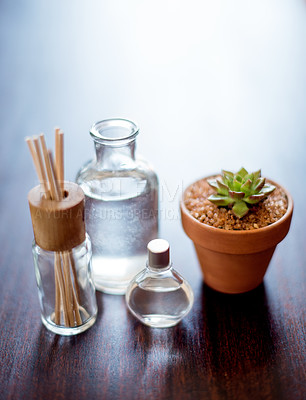 Buy stock photo Plant, spa and aromatherapy on table with diffuser, peace and natural fragrance product. Holistic health, hospitality service and counter with essential oil for self care at luxury wellness salon