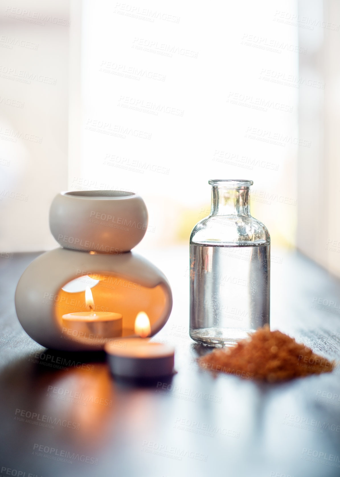 Buy stock photo Incense, spa and aromatherapy product on table with candles, peace and natural fragrance. Holistic health, hospitality service and powder with essential oil for self care at luxury wellness salon