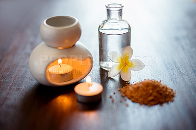 Buy stock photo Flower, spa and aromatherapy candle on table with incense, peace and natural fragrance. Holistic health, hospitality service and powder with essential oil for self care at luxury wellness salon