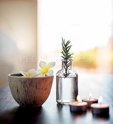 Buy stock photo Aesthetic, rosemary and flowers in bowl in spa for skincare, wellness and natural treatment. Salon , dermatology and jar with herbs for cosmetics, aromatherapy and beauty for zen, calm and peace