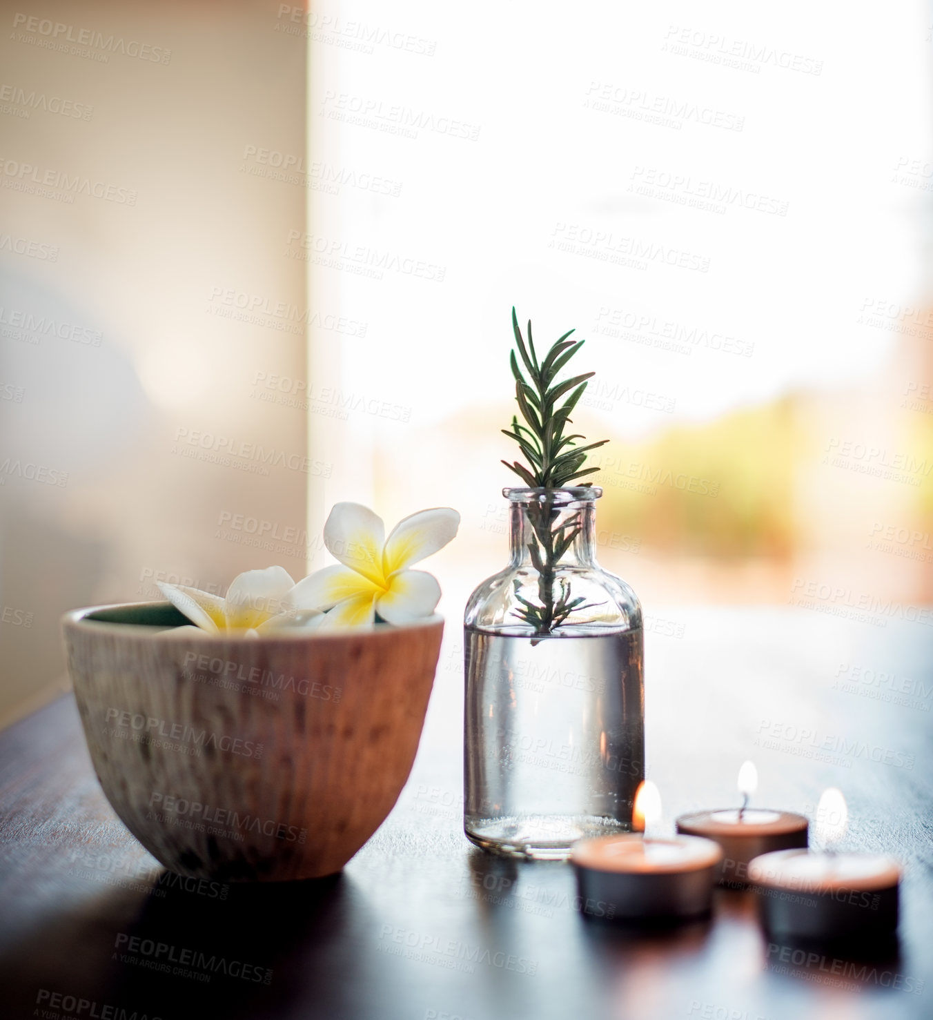 Buy stock photo Aesthetic, rosemary and flowers in bowl in spa for skincare, wellness and natural treatment. Salon , dermatology and jar with herbs for cosmetics, aromatherapy and beauty for zen, calm and peace